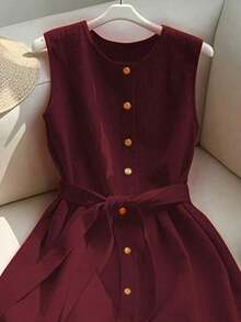 Vestido estilo francés de media pierna sin mangas de alta gama color naranja para mujer - Burdeos - Ver 4