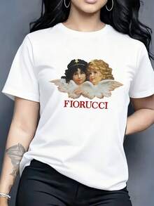 Women's fashionable T-shirt, featuring the "Mighty Man from  and " pattern print, made of 100% pure cotton with a round neck and short sleeves. It is comfortable and breathable, casual and elegant, a must-have for summer. - Blanco - Ver 1