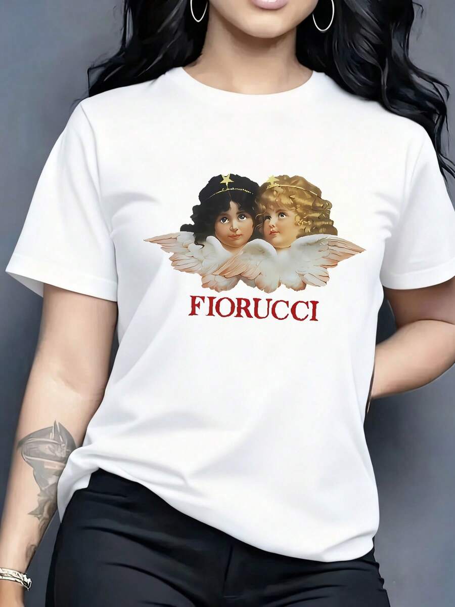 Women's fashionable T-shirt, featuring the "Mighty Man from and " pattern print, made of 100% pure cotton with a round neck and short sleeves. It is comfortable and breathable, casual and elegant, a must-have for summer. - Blanco - Ver 1