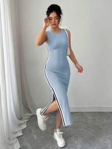 Vestido de cuello redondo con cinta negra y blanca con abertura lateral para mujeres - Gris azul - Ver 7