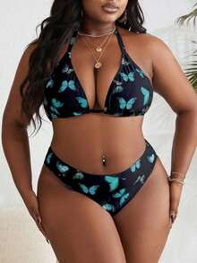 Conjunto de bikini de 3 piezas con estampado de mariposa para mujer de talla grande, para playa de verano - Multicolor 2 - Ver 6