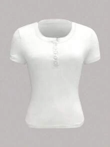 Camiseta casual corta de mujer de manga corta con botones en la parte delantera, color azul marino sólido - Blanco - Ver 3