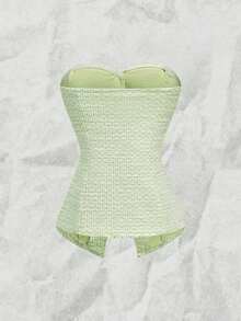 Top corto ajustado de verano para mujer con textura rosa, con detalle de botón de perla - Verde - Ver 2