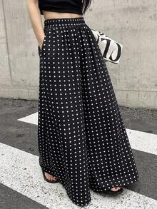 de pierna ancha con estampado de lunares y cintura elástica para mujer - Negro 2 - Ver 1