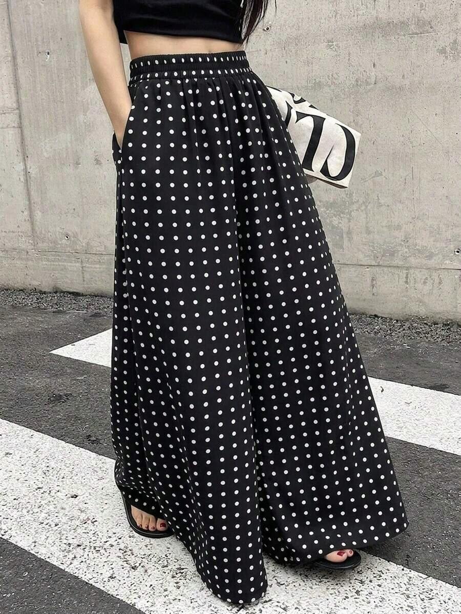 de pierna ancha con estampado de lunares y cintura elástica para mujer - Negro 2 - Ver 1
