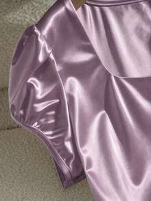Blusa casual elegante de satén con cuello cuadrado francés, mangas de pétalos y pliegues, adecuada para ir al trabajo, uso diario, reuniones y fiestas, primavera/verano - Morado - Ver 6
