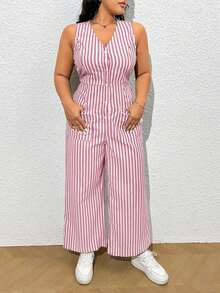 Enterizo casual sin mangas de talla grande con cuello en V y estampado de rayas con botón de un solo pecho - Rojo - Ver 4