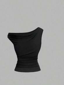 Camiseta ajustada con cuello asimétrico talla grande, top casual versátil, primavera/verano - Negro - Ver 5