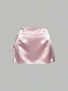 Minifalda de satén rosa con abertura y lazo, estilo A-line, sexy, adecuada para uso diario - Rosa - Ver 3