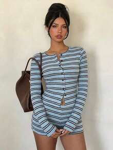 Conjunto de top de manga larga y pantalones cortos a rayas en marrón y azul, para primavera/otoño - Azul - Ver 6