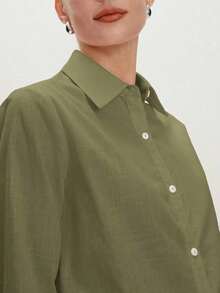 2026 Nueva Camisa Básica Versátil y Elegante para Mujer con Botones Delanteros y Cuello Mao en Color Azul Claro, Adecuada para Ir al Trabajo, Uso Diario, Estilo Retro de los 90, Navidad, Año Nuevo, Fiesta de San Valentín, Playa, Graduación, Moda, - Verde militar - Ver 8