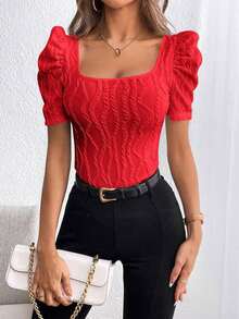 Privé Camiseta de cuello cuadrado de manga farol - Rojo - Ver 4