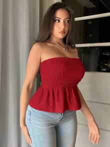 Top de tirantes con pliegues y volantes en el bajo, de tela texturizada, elegante - Rojo - Ver 5