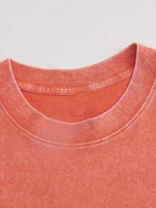 Vintage Washed Cotton Loose-Fit T-Shirt, Cute  Face And Heart Print, Women's Casual Street Style Short-Sleeve Top, Wrinkle-Resistant Washed Cotton T-Shirt - 橘色 - 查看 4
