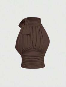 Blusa con cuello alto, lazo y recogido, casual y de moda para uso diario, perfecta para vacaciones, citas, picnics, fiestas, bailes de graduación, festivales y cumpleaños; uso diario, salir, té, club, primavera/verano, invitada de boda - Marrón Chocolate - Ver 1