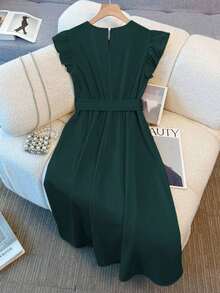 Vestido de mujer de longitud media, cómodo y suave, sin estiramiento, con cuello redondo, mangas de vuelo, cintura elástica, decoración de botones de perla, estilo francés elegante y versátil para vacaciones y viajes, color albaricoque, primavera - Verde Oscuro - Ver 2