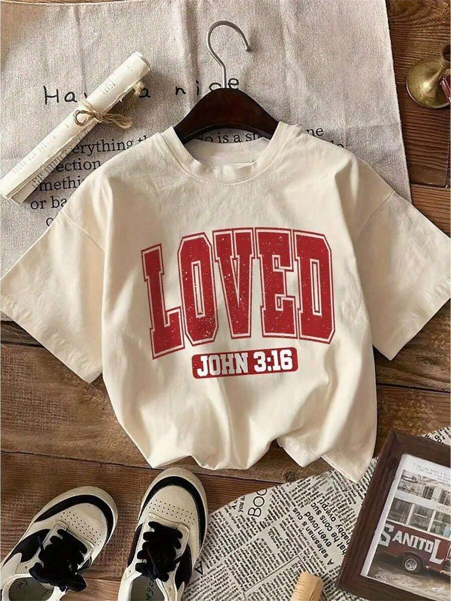 1 Paquete de Camisetas de Manga Corta con Cuello Redondo y Estampado Casual para Niñas, Ropa de Verano para Estudiantes Jóvenes - Albaricoque - Ver 1