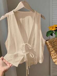 2026 Nuevo Top sin mangas con cuello en V, lazo delantero y bordado floral para mujer, ideal para vacaciones en la playa, uso casual, estilo Y2K de los 2000, primavera, graduación, fiesta de boda, vacaciones elegantes, San Valentín, carnaval, - Caqui - Ver 6