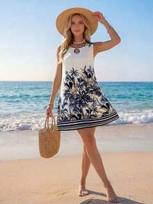 Vestido de verano casual con estampado tropical para vacaciones de mujer - Azul 2 - Ver 5