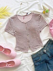 Blusa de manga corta casual con decoración de lazo metálico para mujeres, estilo de vacaciones informal - Multicolor - Ver 7