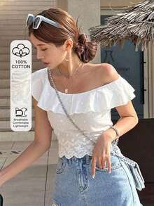 top de mujer con bordado de unicolor, hombro oblicuo y bajo con volante - Blanco 2 - Ver 7