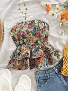 Blusa elegante bohemia y tropical sin tirantes, con hombros abiertos, espalda abierta y bajo con volantes, para mujer, ideal para uso casual, resort, playa, boda, graduación, brunch, Día de San Patricio, vacaciones de primavera, Pascua, festivales - Multicolor 2 - Ver 8