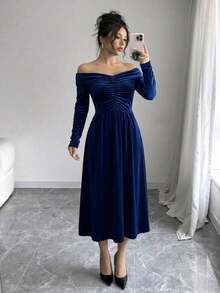 Long-Sleeved Fitted High-Waisted Dress With Strapless Neckline And Solid Color - 藍色 - 查看 4