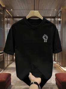 Camiseta de hombre de algodón 100% de alto gramaje con estampado - Diseño geométrico audaz, manga corta, cuello redondo, estilo casual, adecuada para adolescentes y jóvenes adultos para uso diario en verano, lavable a máquina, tela no transparente. - Negro - Ver 2
