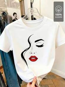 Red Lips Line Art - 100% Cotton T-Shirt - [白色的] - 查看 4
