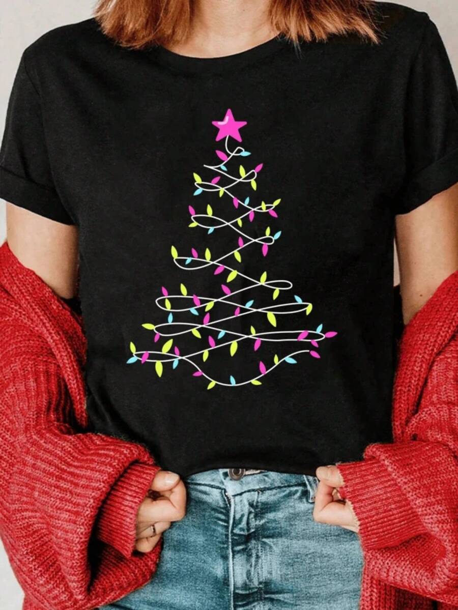 New 2026 Playera mujer casual navideña árbol de Navidad luces coloridas estampado poliéster ajuste regular cuello redondo manga corta primavera verano fiesta - Negro - Ver 1