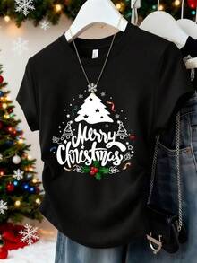 Playera con estampado Navideño, colorida ideal para esta temporada, moderna, holgada, cuello redondo, manga corta, para fiestas de temporada y uso diario, ideal para toda la familia 100% algodón, estilo Y2K Bababask - Negro - Ver 1
