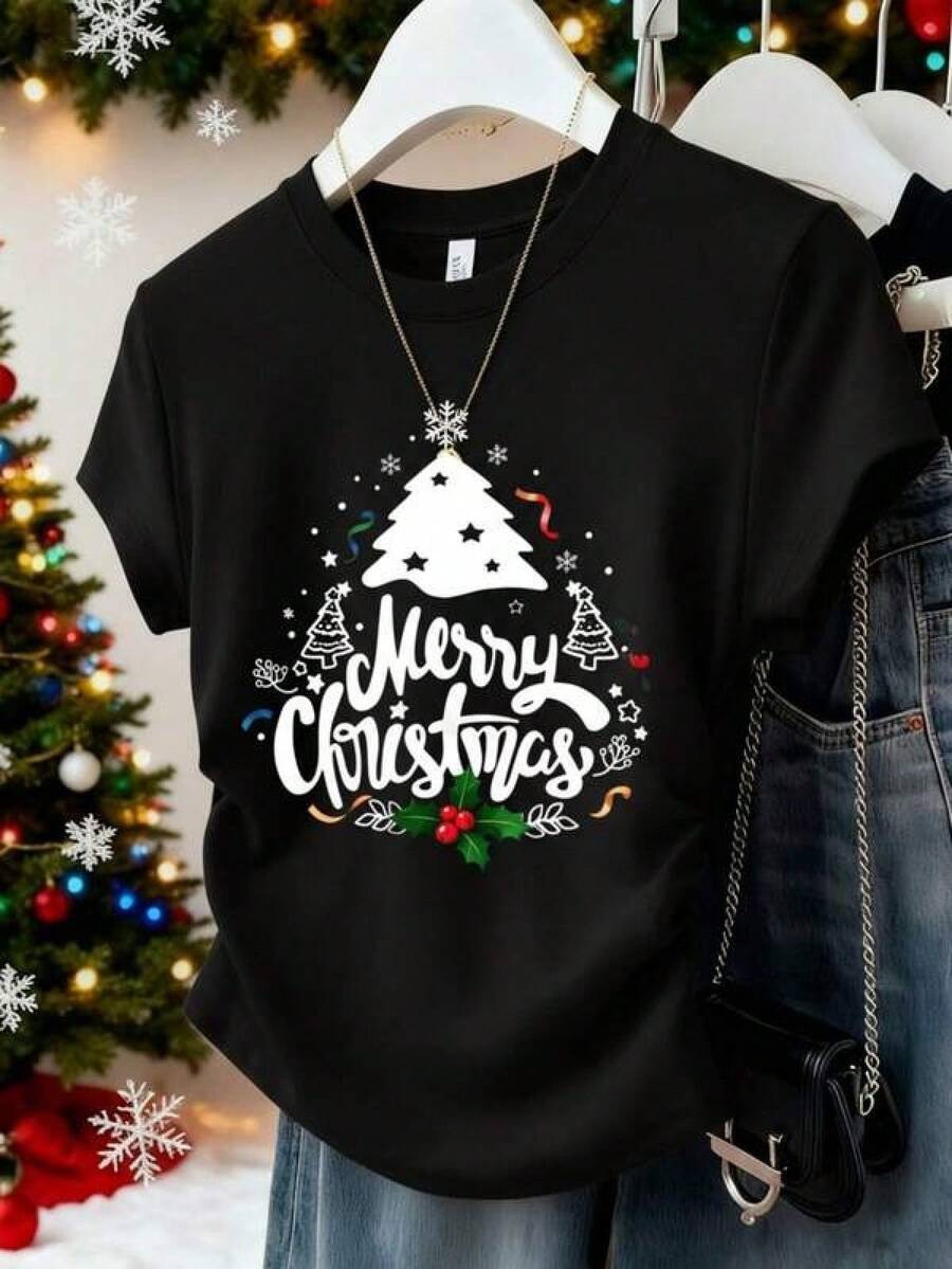 Playera con estampado Navideño, colorida ideal para esta temporada, moderna, holgada, cuello redondo, manga corta, para fiestas de temporada y uso diario, ideal para toda la familia 100% algodón, estilo Y2K Bababask - Negro - Ver 1