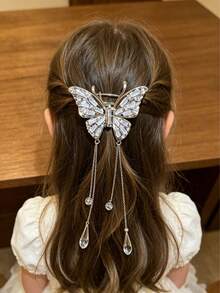1 Stück neuer chinesischer Stil eleganter Schmetterling Haarclip mit Strass und Quasten, ausstrahlt einen hochwertigen und modischen Charme - Weiss - Übersicht 1