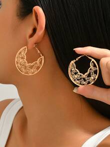 1 Pair Women's Retro Fashionable Versatile Hollow Round Metal Earrings, Suitable For Daily Wear - Gold - E1667 - View 2