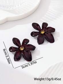 1Pair Chic Statement Earrings - Bold Deep Red Flower Earrings With Glossy Enamel And Gold Accent For Evening & Party Wear - Burgundy - View 2