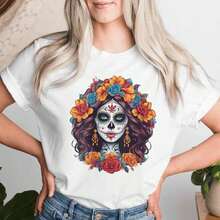 De Los Muertos La Catrina Día de los Muertos Calavera de Azúcar Floral Camiseta de Mujer de Manga Corta / Camiseta de manga corta - Blanco - Ver 2