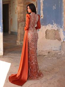 Faeriesty Elegant High Neck Long Gown With Beaded Mesh Bodice,Puff Sleeves & Cascading Cape,Slim Fit Silhouette,Weddings,Photo Shoots Party - Rust Brown - View 3