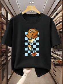 Men's Short-Sleeved T-Shirt, Shiba Inu Theme, Cardboard Boxed, Funny Cat Print T-Shirt, Comfortable And Casual Short-Sleeved For Summer, PLUS SIZE Daily Casual Round Neck Short Sleeve-Shirt Women - 黑色 - 查看 8