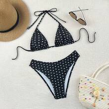 Nuevo conjunto de bikini de dos piezas para mujer, sexy, con cordones, de lunares, negro, para la playa en verano. - Negro - Ver 4