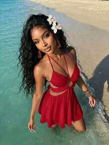 Vestido corto de mujer de crepé blanco con escote halter, encaje, parches y falda paraguas calada, versátil, casual y elegante, adecuado para vacaciones, viajes, playas, zonas costeras, piscinas, yates, tomar el sol, lindo y dulce - Rojo - Ver 5