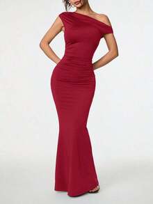 Ropa de verano, atuendos para citas diarias y viajes, atuendos de fiesta, ropa interior elegante para mujeres, atuendos para salir, vestido asimétrico con hombros caídos y cola de pez extra larga, atuendos de club para mujeres, atuendos para - Rosa Roja - Ver 3