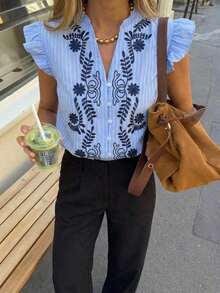 Camisa de mujer con estampado floral y rayas, de uso versátil y casual para el día a día - Celeste - Ver 1