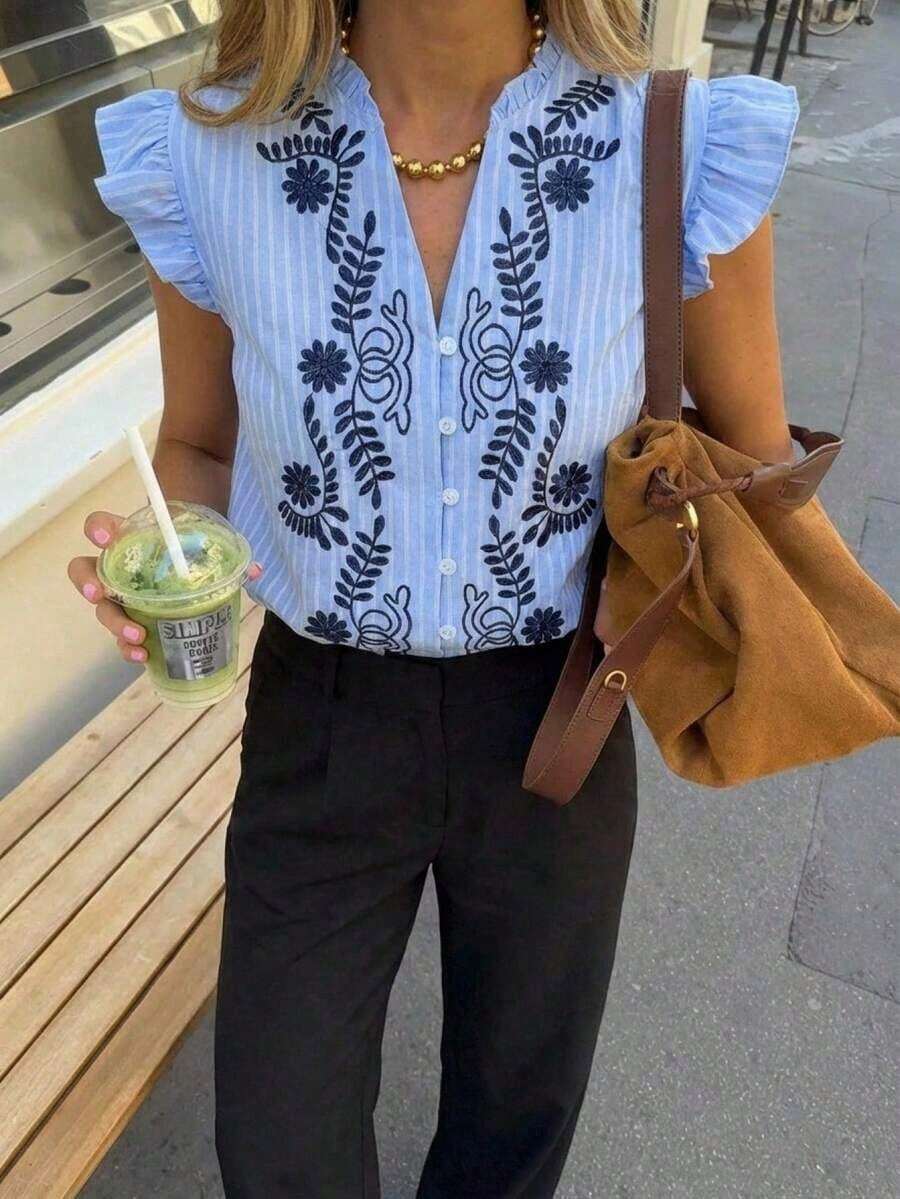 Camisa de mujer con estampado floral y rayas, de uso versátil y casual para el día a día - Celeste - Ver 1