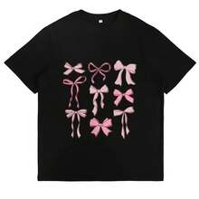 Pink Bow T-Shirt, Cute And  Women's T-Shirts, Casual Daily Wear, Soft And Comfortable, Summer T-Shirts, Aesthetic Graphic Tops Y2K - 黑色 - 查看 1