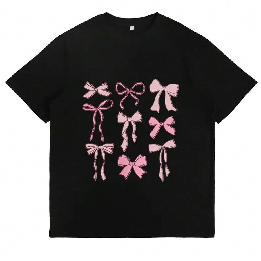 Pink Bow T-Shirt, Cute And Women's T-Shirts, Casual Daily Wear, Soft And Comfortable, Summer T-Shirts, Aesthetic Graphic Tops Y2K - 黑色 - 查看 1