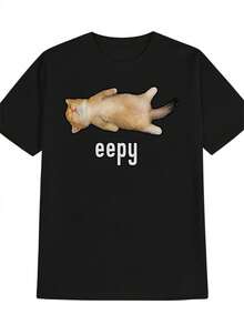 Camiseta con estampado de meme que muestra un gatito durmiendo, un estilo casual humorístico, camiseta de cuello redondo para hombres, un regalo para hombres, camiseta de fitness para hombres, camiseta para hombres - Negro - Ver 8