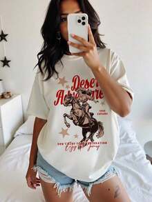 Camiseta StylishSHEIN con Estampado de Sombrero y Botas de Vaquero, para Mujer, Verano, Holgada, Casual, Manga Corta, Adecuada para Uso Diario, Festivales de Música, Prenda Básica del Guardarropa - Blanco 3 - Ver 4