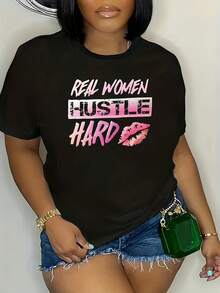 Camiseta para mujer |   Camiseta negra casual con letras rosas y moradas y estampado de labios |   Poliéster-spandex |   Cuello redondo, mangas cortas |   Lavable a máquina |   Ajuste cómodo para primavera/verano - Negro - Ver 5