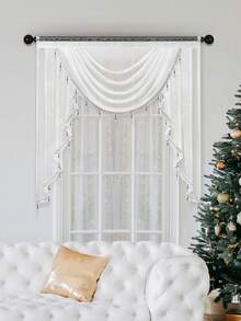 1pc White Short Valance With Pearl Trim, Modern Luxury Wave Style Curtain, Suitable For Holiday Party, Living Room, Bedroom Window & Door Decor, 1-4 Wave Width Options, Curtain Rod Not Included - White - View 6