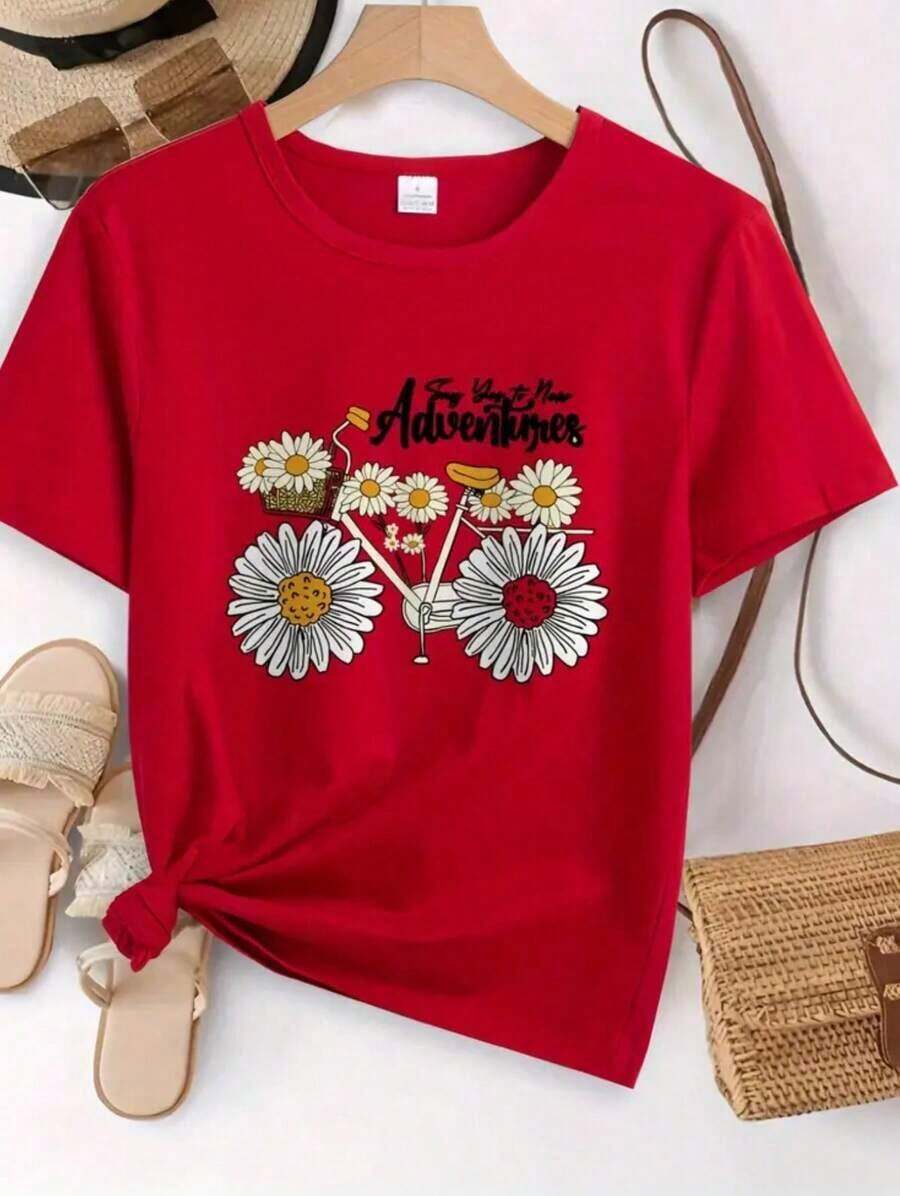 Blusa de Mujer con Estampado Floral y Manga Corta para Uso Casual - Diseño "La Vida es una Aventura", Amarillo Brillante, Cuello Redondo,  Ideal para Atuendos de Primavera y Verano, Ropa de Todos los Días - Rojo - Ver 1